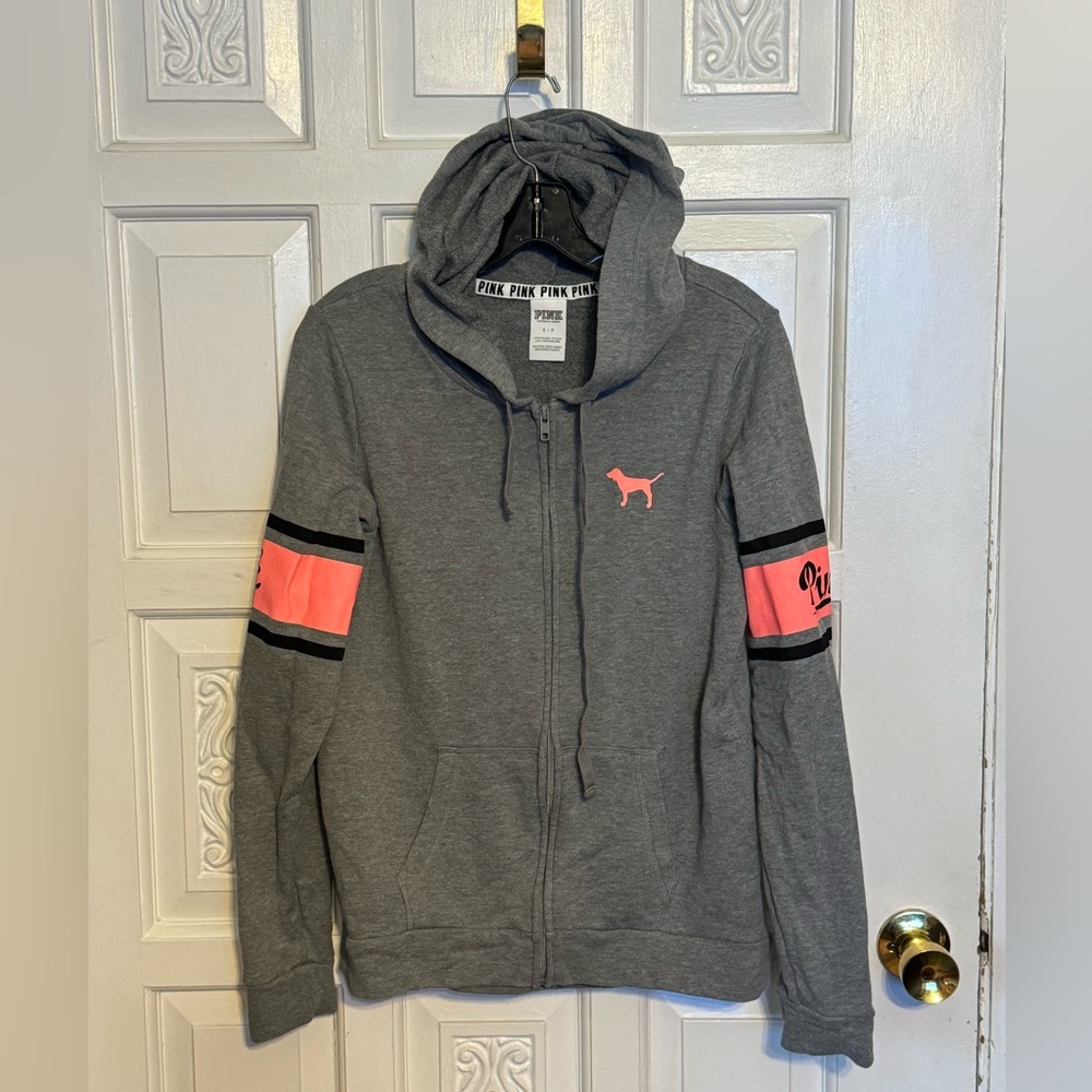 Victoria Secret Gray Full Zip Hoodie With Striped Arms & Dog Logo SP